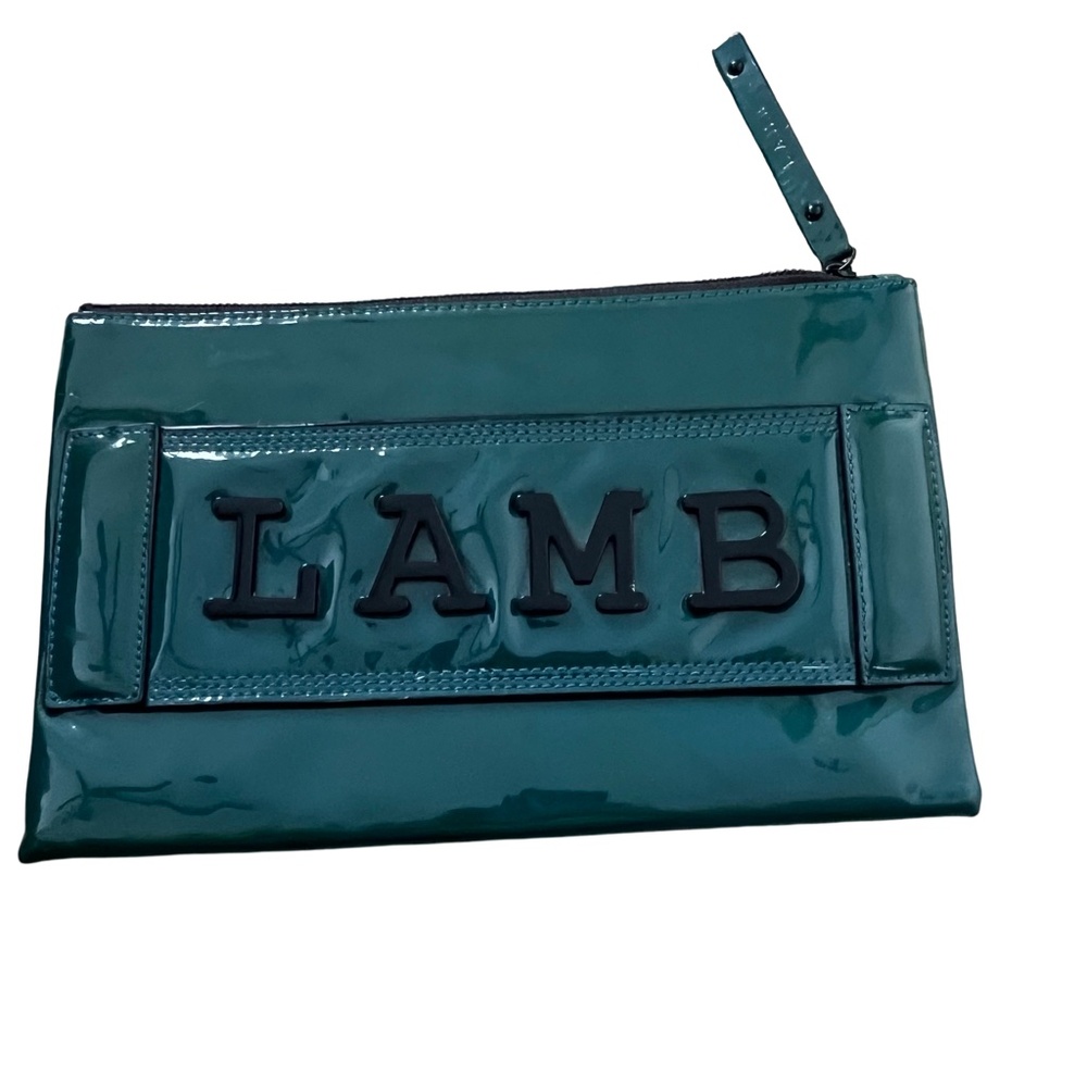 L.A.M.B. Teal Patent Leather Wristlet Clutch with Black Logo